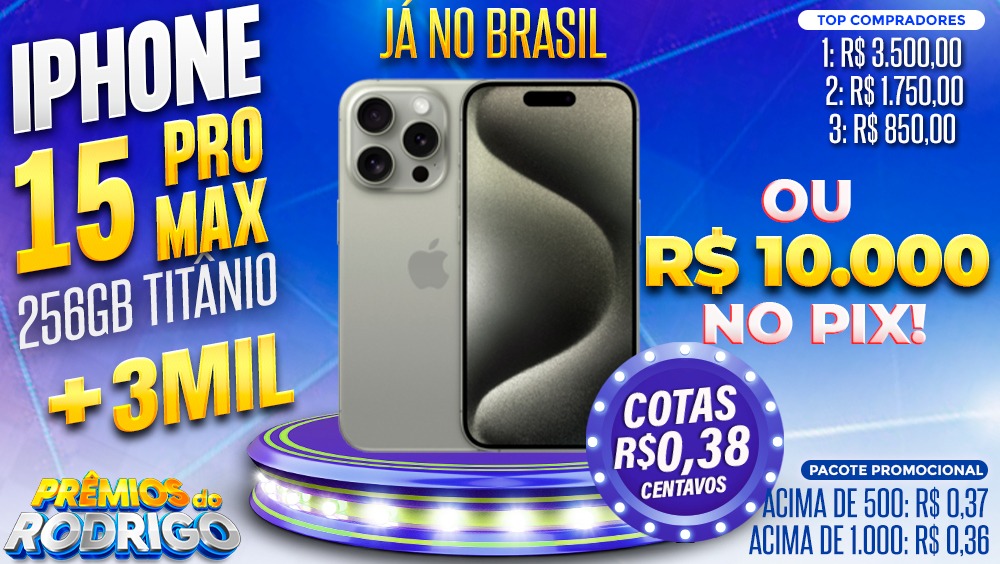 IPHONE 15 PRO MAX 256GB JA NO BRASIL + R$3.000 NO PIX, OU R$10.000 NO PIX! TOP COMPRADORES: 1.R$3.500 2.R$1.750 3.R$850