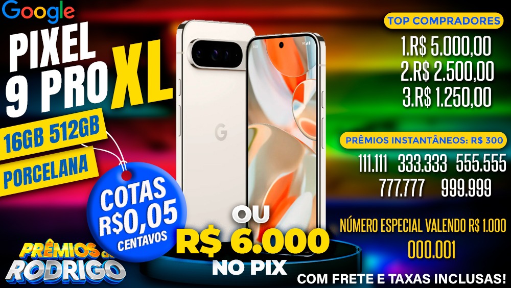 GOOGLE PIXEL 9 PRO XL 16GB 512GB PORCELANA COM FRETE E TAXAS INCLUSAS, OU R$6.000 NO PIX! TOP COMPRADORES: 1.R$5.000 2.R$2.500 3.R$1.250