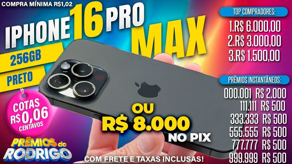 IPHONE 16 PRO MAX 256GB PRETO TITANIO COM FRETE E TAXAS INCLUSAS, OU R$8.000 NO PIX! TOP. COMPRADORES: 1.R$6.000. 2.R$3.000 3.R$1.500