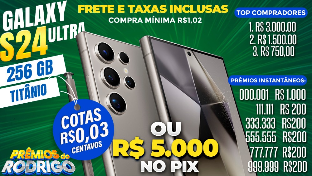 GALAXY S24 ULTRA 256GB TITANIO COM FRETE E TAXAS INCLUSAS, OU R$5.000 NO PIX! TOP COMPRADORES: 1.R$3.000 2.R$1.500 3.R$750