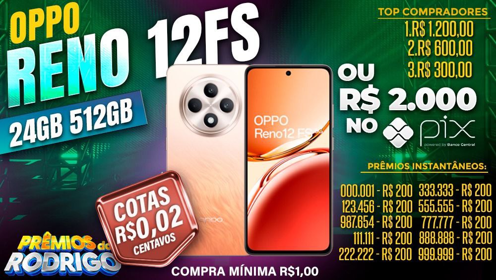 OPPO RENO 12 FS 5G 12GB 512GB COM FRETE E TAXAS INCLUSAS OU R$2.000 NO PIX! TOP COMPRADORES: 1.R$1.200 2.R$600 3.R$300