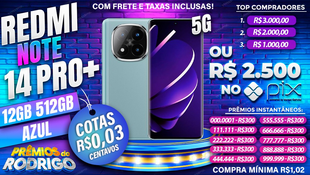 XIAOMI REDMI NOTE 14 PRO PLUS 5G 12GB 512GB AZUL COM FRETE E TAXAS INCLUSAS OU R$2.500 NO PIX!