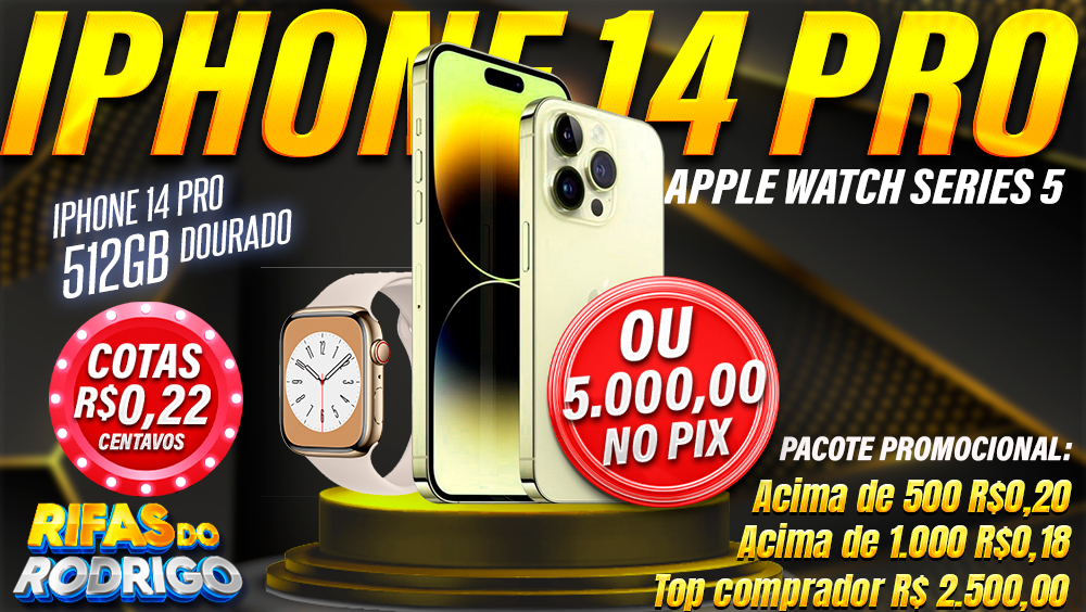IPHONE 14 PRO 512GB + APPLE WATCH SERIES 5 OU PIX DE R$5.000!!! TOP COMPRADOR LEVA R$2.500 NO PIX!